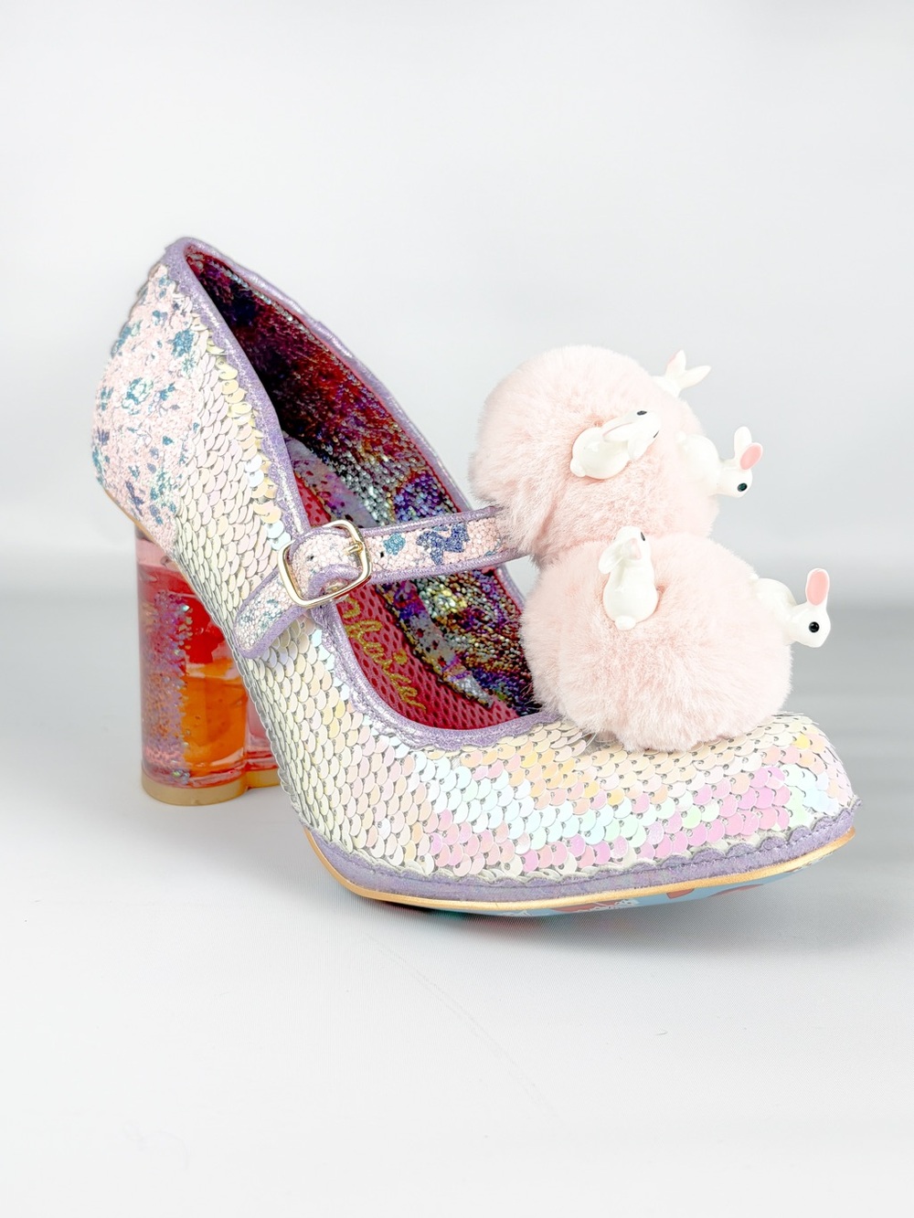 Irregular Choice Luce Mia Pink Rabbit Pom Heels – Size 38 – Iridescent